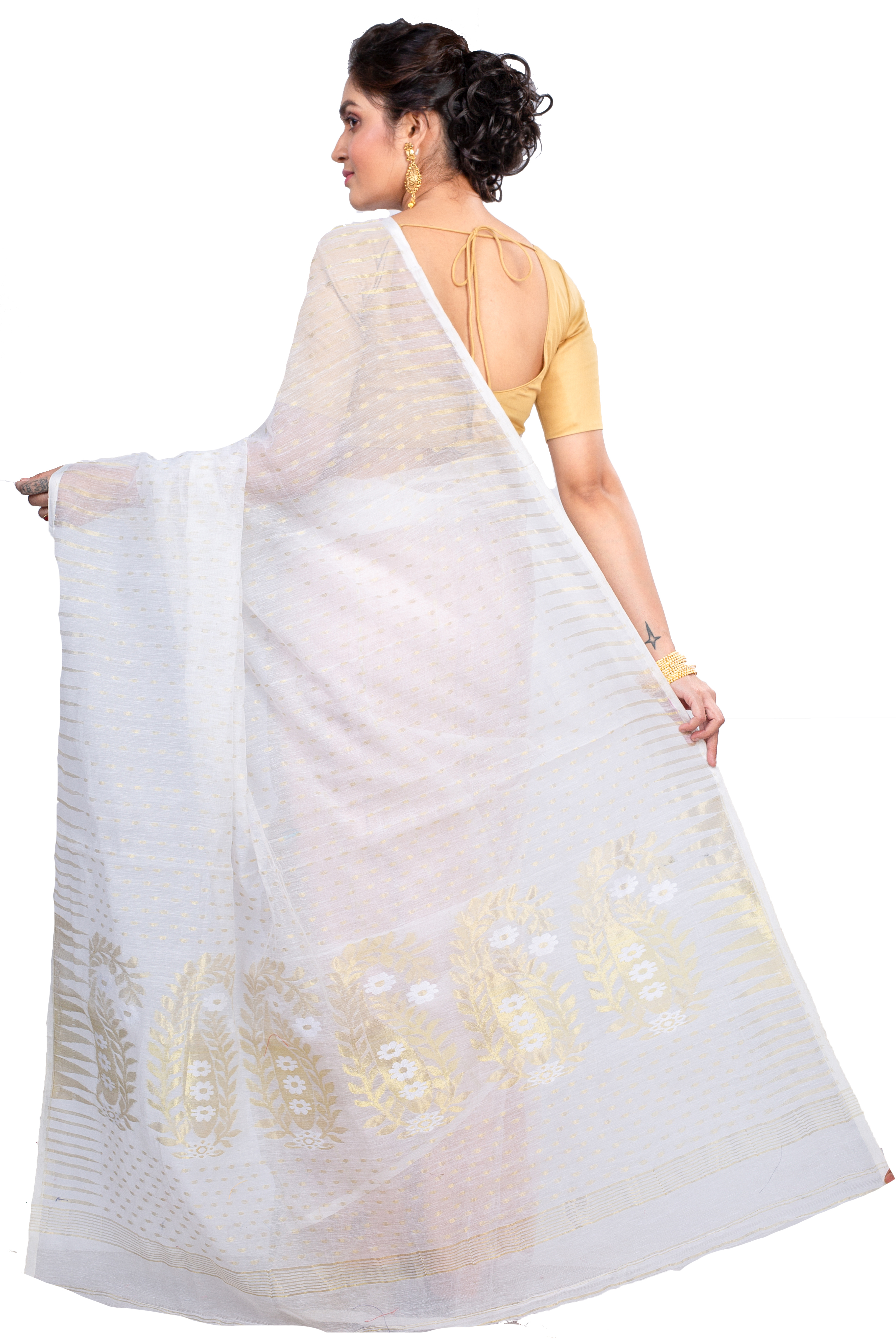 White Blended Cotton New HALF  JAMDINE Jamdani Saree (4108)